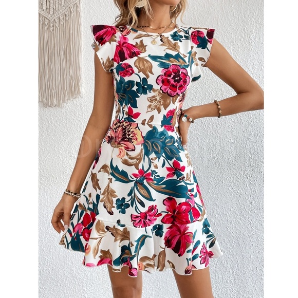 Floral White Short Fit & Flare Dress Ruffle Trim - Picture 1 of 8